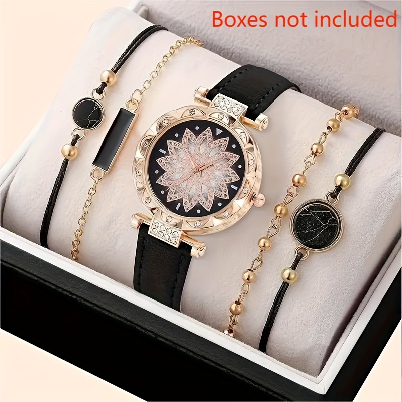 

5 Pcs Rhinestone Quartz Watches For Women Pu Leather Wrist Watch With Jewelry Set Great Gift For Her Mom Girlfriend