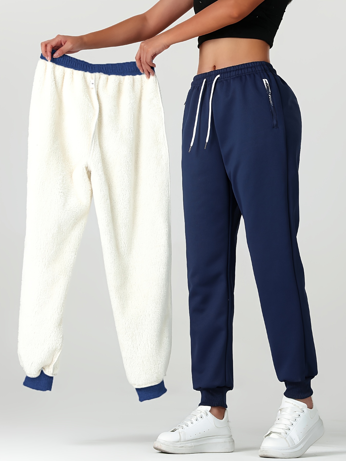 1pc of autumn winter womens long pants lined warm casual sweatpants for women featuring an elastic drawstring waist angled high quality zippered pockets and windproof thermal   pants suitable for daily winter wear at home