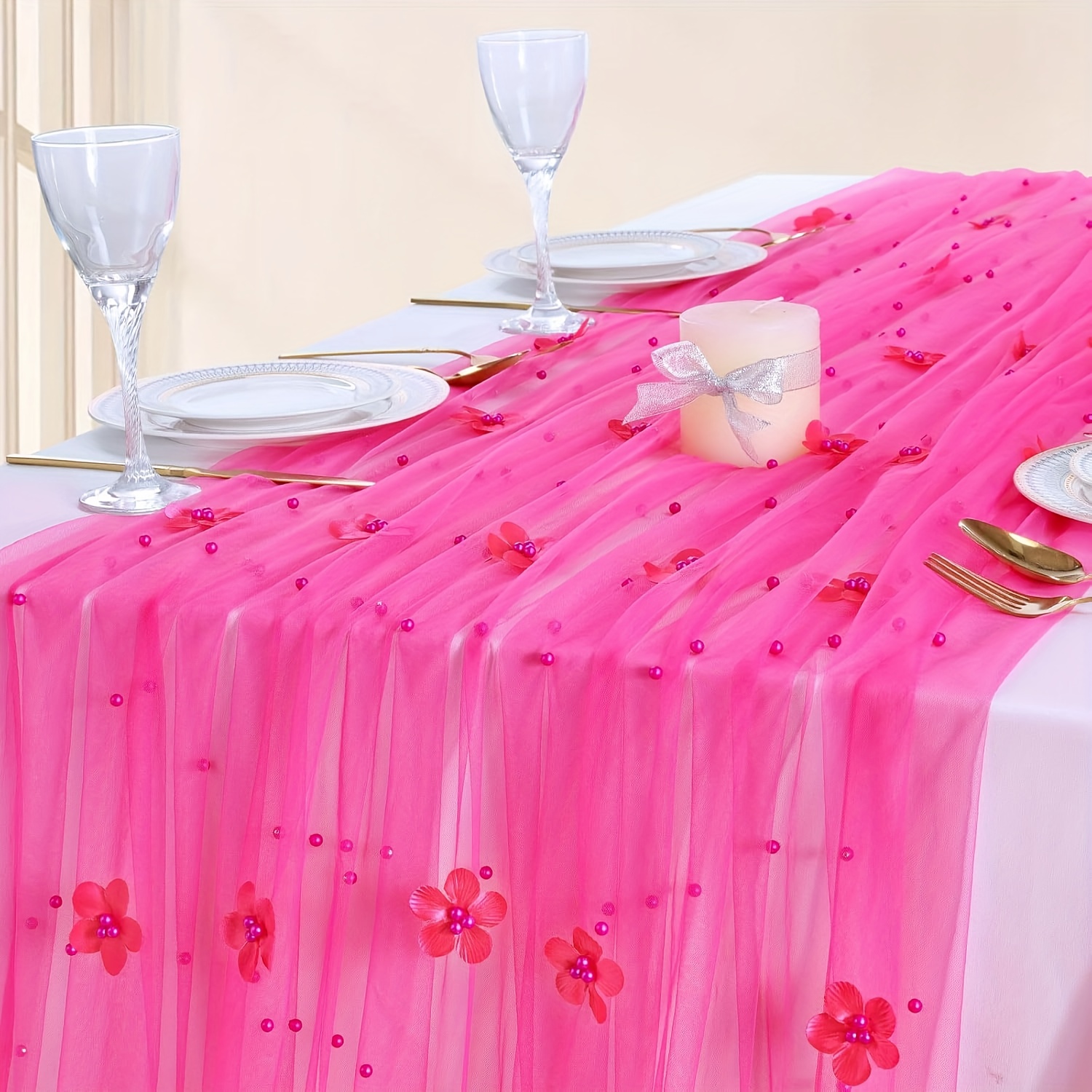 TEMU 10ft Hot Pink Pearl Tulle Tablecloth | Polyester Wedding Lace Table Runner With Green For Bridal Shower And Christmas Celebrations