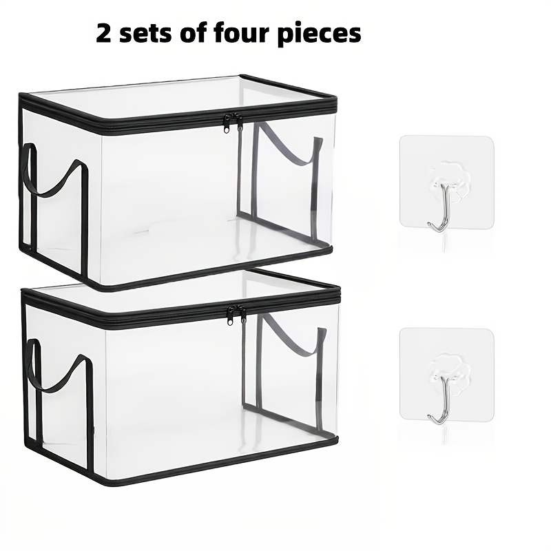 TEMU 4pcs Set: 2 Storage Bags + / 6pcs Set: 3 Storage Bags + 3 Hooks. Large, Thickened Transparent Plastic Storage Bins With Hinged Lids And Hooks -