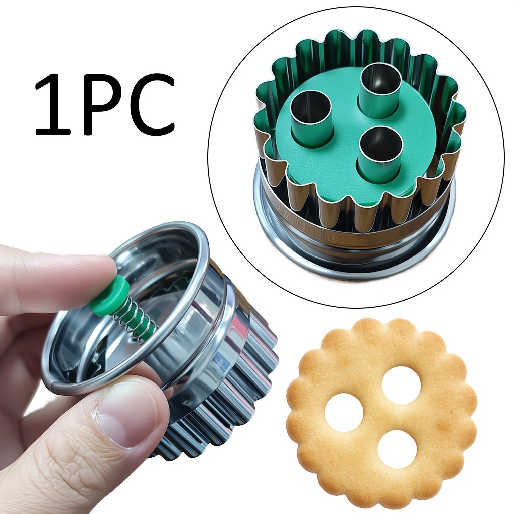 TEMU 1pc Stainless Steel Round Three-hole Cookie Cutter With Pusher, Press To Shape, Ideal For Beginner Baking Enthusiasts, Food-grade Material, Safe