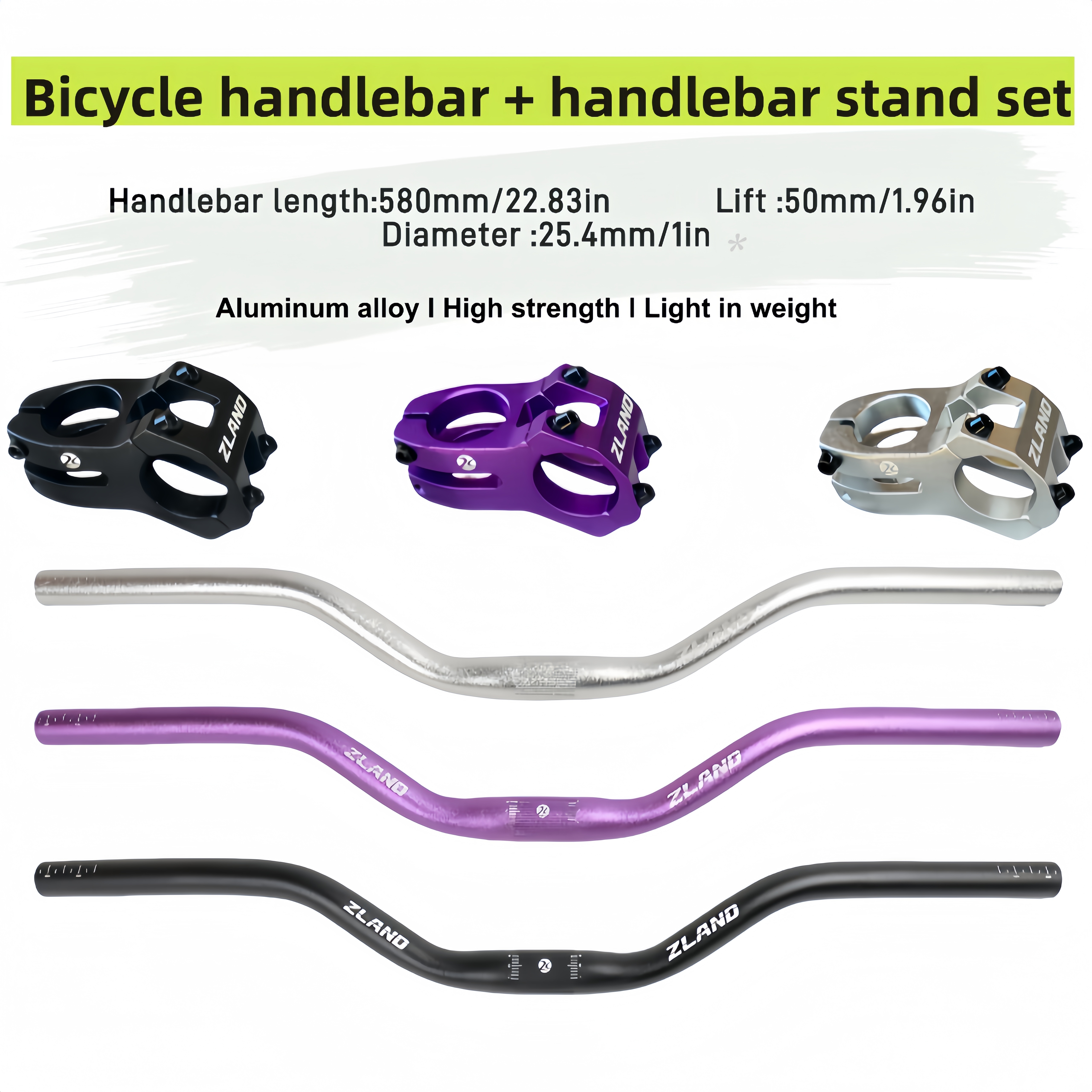 Fahrradlenker aus Aluminiumlegierung + Lenkerstnder Set | 580mm Lnge,  50mm Hub, leicht und * eloxierte * ergonomisches Design, erhltlich in  Schwarz/Lila/Silber, passend fr 25.4mm Durchmesser ...