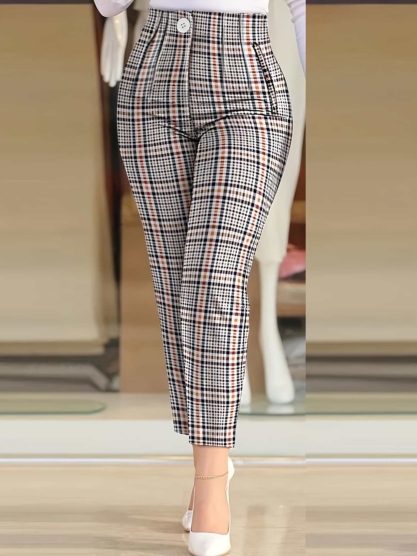 womens fit casual plaid pants brown white black Temu Spain