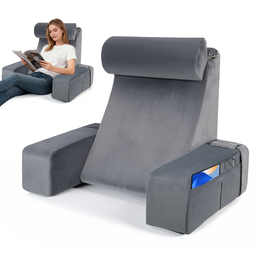 Reading Pillow With Detachable Neck Roll And Armrest, Washable Velvet Cover, Removable Cover, Wall Cushion, Multifunctional Wedge Pillow For Reading, Working, Watching Tv, 38x47x57cm