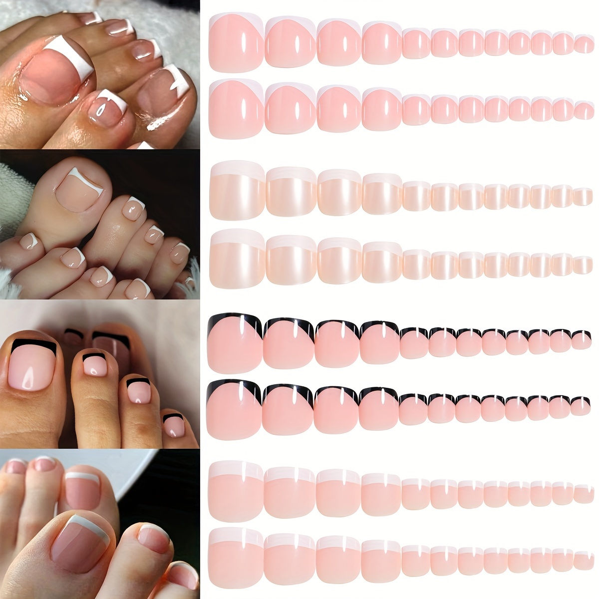 

96 Pieces (four French Styles) Short Square Press On Toenails, Glossy False Toenails, Full Coverage False Toenails For Women And Girls