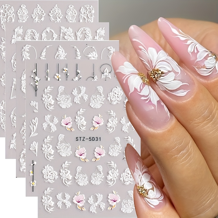 nail.kzmページ 5pcs white flowers lace nail stickers 5d decals embossed - Temu Canada