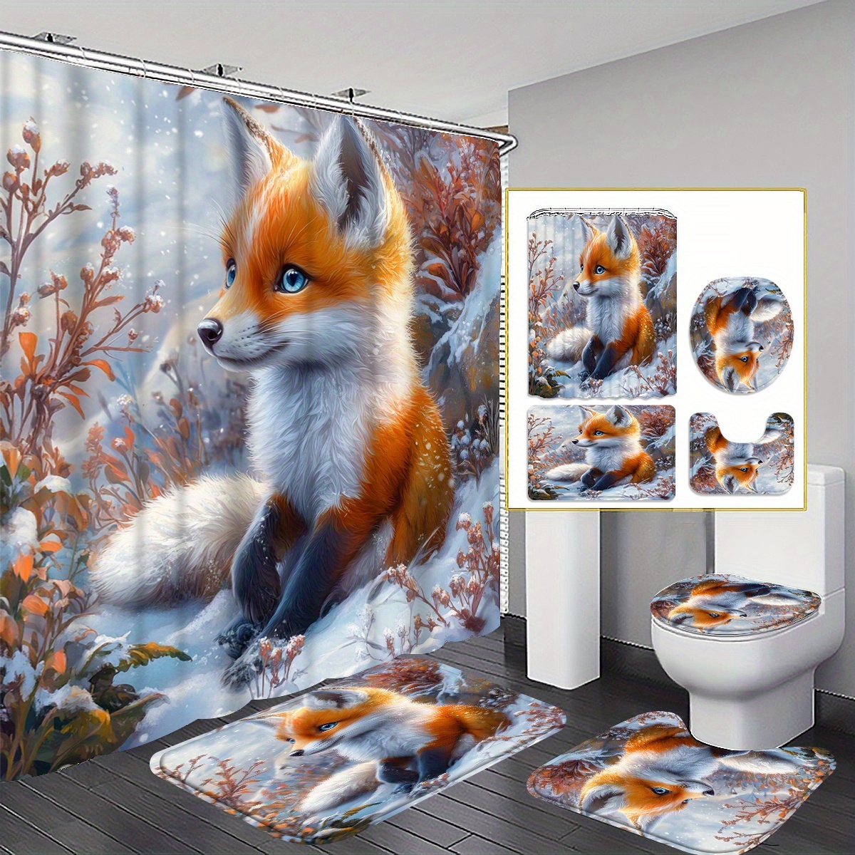 TEMU 4pcs 2d Flat Winter Fox Shower Curtain Set, Bathroom Decor, Shower Curtain Set Includes Bath Mat, U-shaped Mat, Toilet Lid Cover And Shower