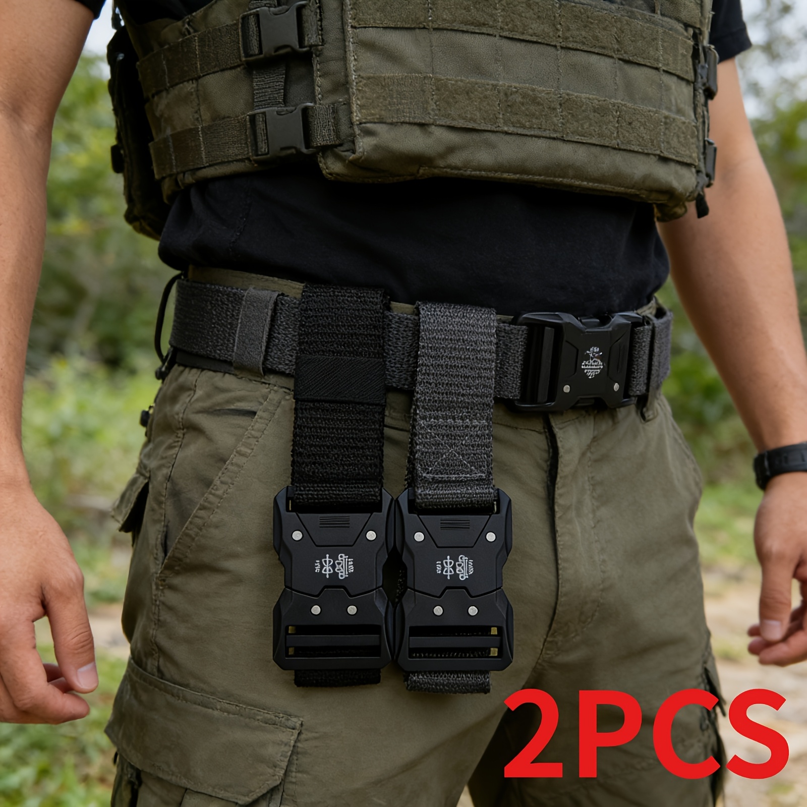 TEMU 2pcs Set Of Men' Belts, Military-style Tactical Belts With Plastic Buckles- Breathable And Durable, Suitable For Outdoor Activities And Work,