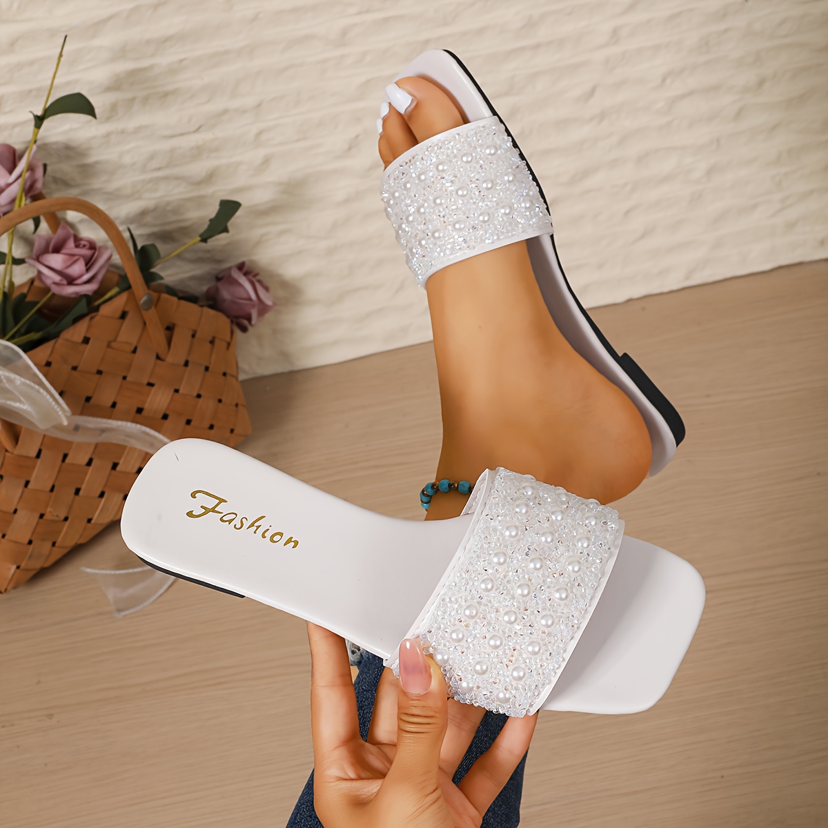 TEMU New Flat-bottomed Cool Slippers, Indoor Slippers With And Embellished , Outdoor , Slippers, Women's Slippers Suitable For , Women Shoes