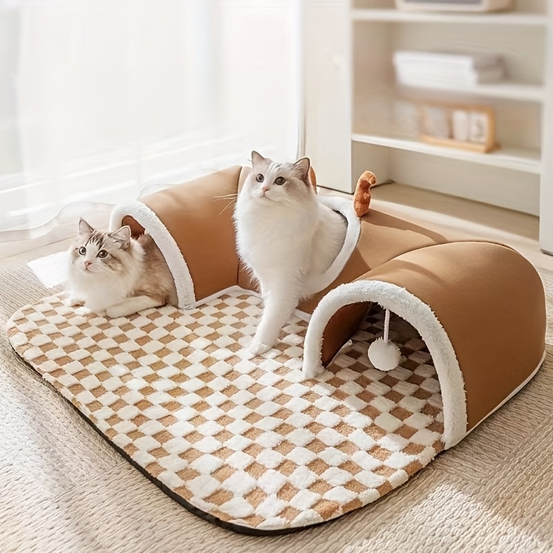 Tunnel pour animaux de compagnie pliable et tout-en-un pour chats, offrant de la chaleur en toutes saisons, avec un tapis pour animaux amovible et lavable