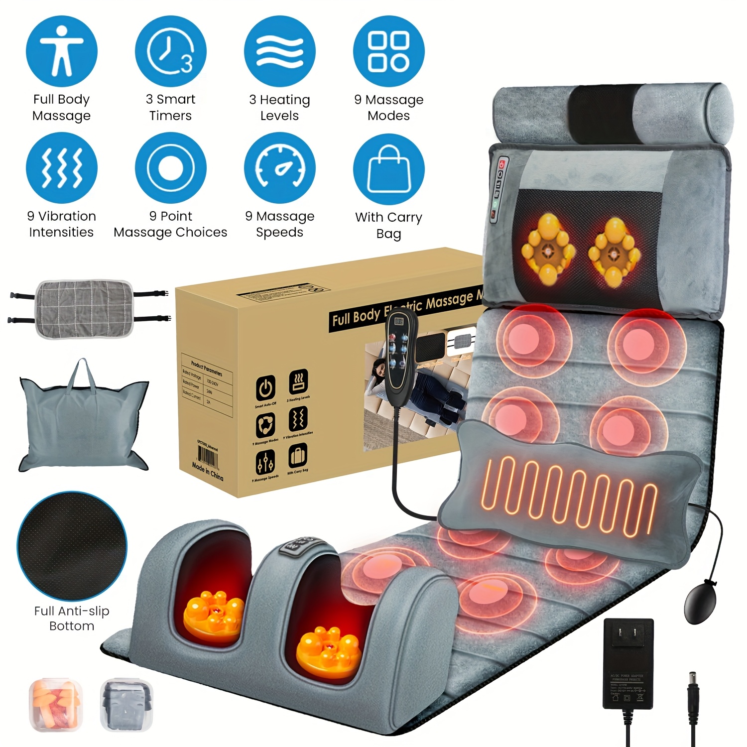 full body massage mat with heat, massager whole body vibration massage pad  9 gear massage/3 timing shiatsu massage pad for back neck lumbar leg,  christmas gifts, gift (ul adapter) - health &