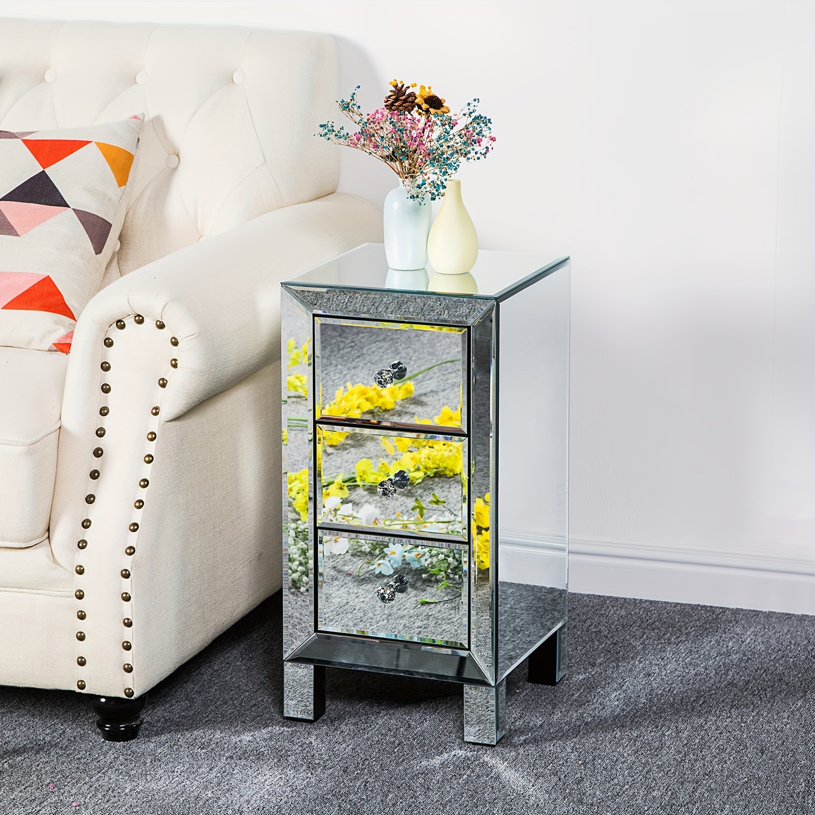 Motoos 3-drawer Nightstand Mirrored Night Stand With Storage Modern Bedside Table For Bedroom, Living Room