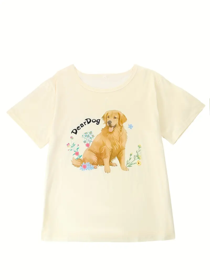 crew neck three piece apricot floral golden retriever puppy animal print adult pajama set short sleeve top and loose elastic shorts and pants casual womens pajama and loungewear set all year round Product details 4