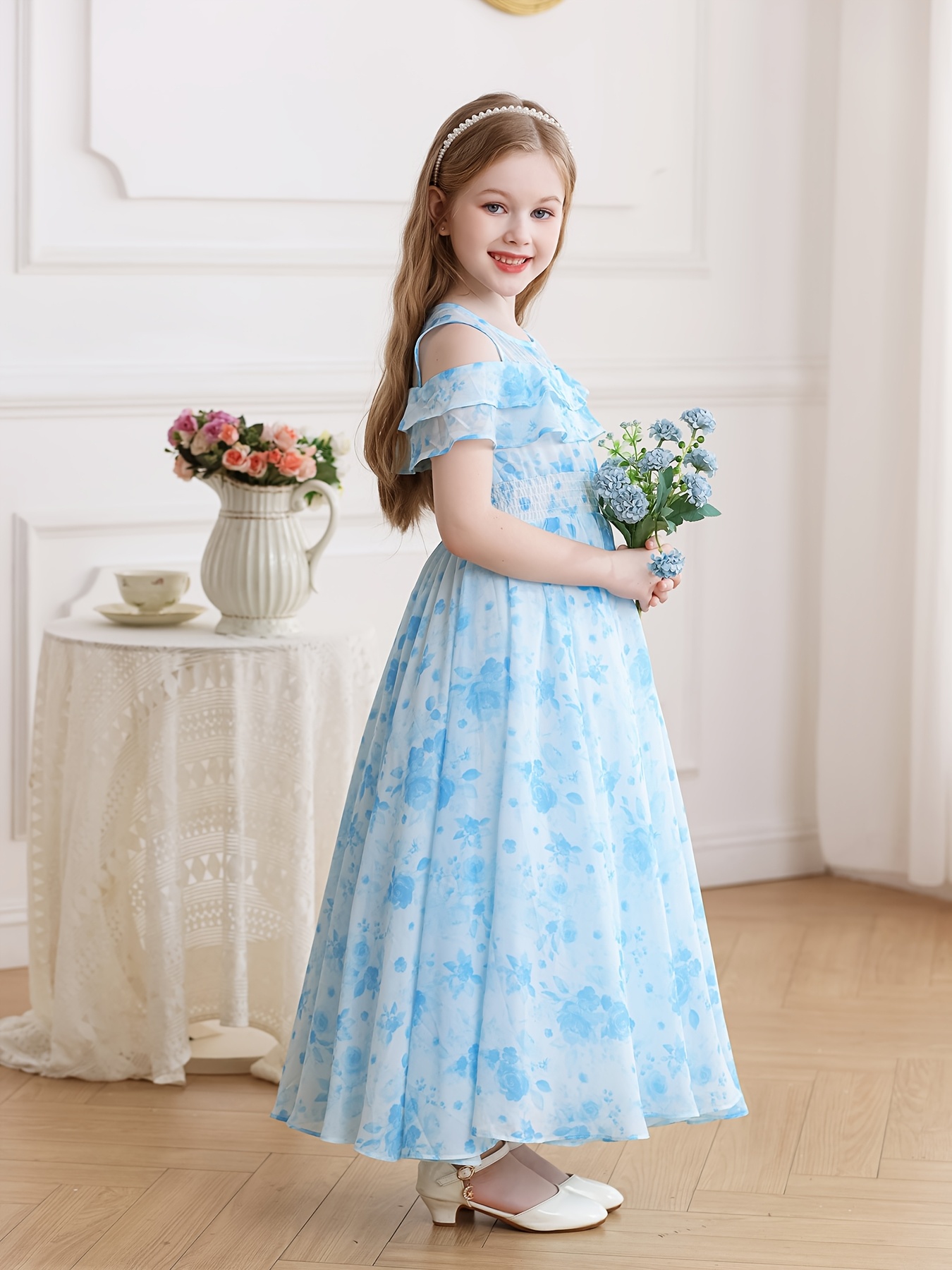 girls' floral chiffon princess dress sweet shoulder summer Temu