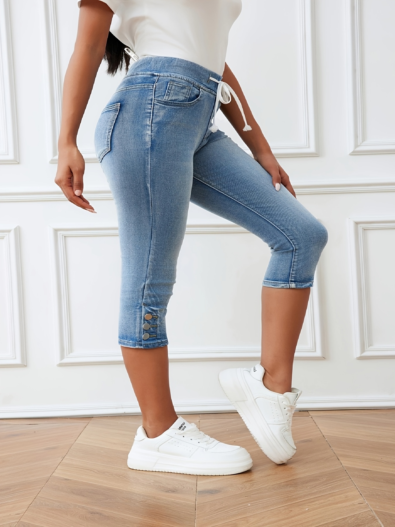 women's plus size high waist stretchy capri jeans light blue