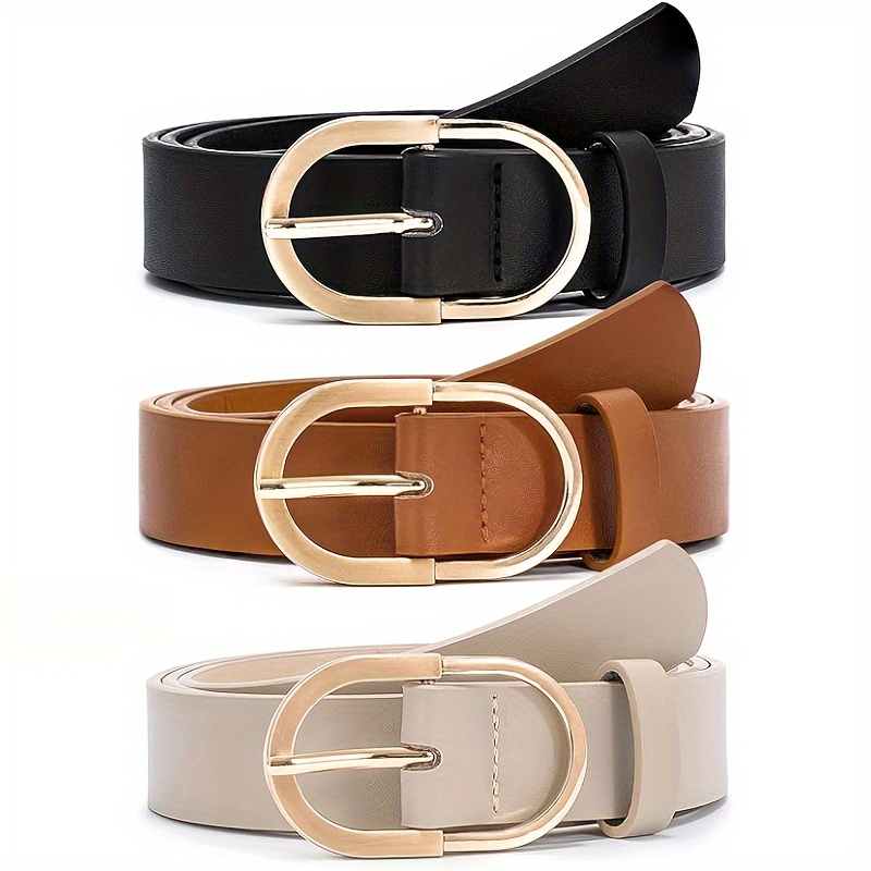 

3pcs Women's Oval Buckle Belt Pu Leather Solid Color For Long Pants, Fashionable Buckle
