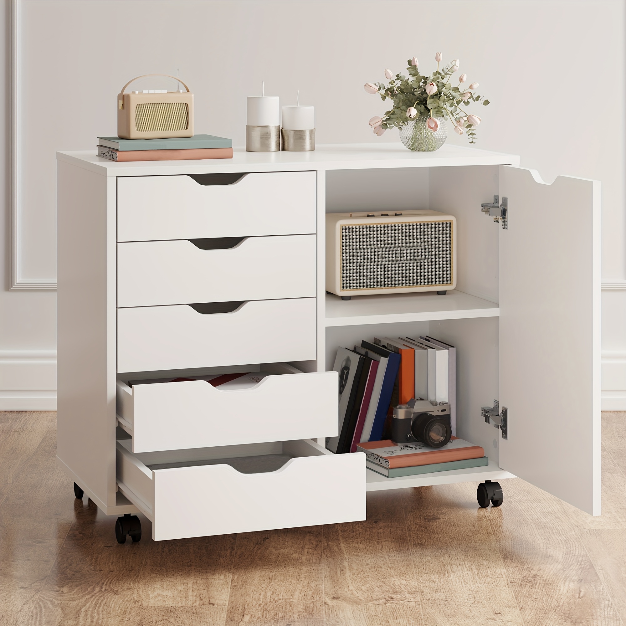 TEMU 5-drawer Chest, Wood Storage Dresser File Cabinet With Wheels, With Door/without Door, Printer Stand For Home Office, , Or Document Organization
