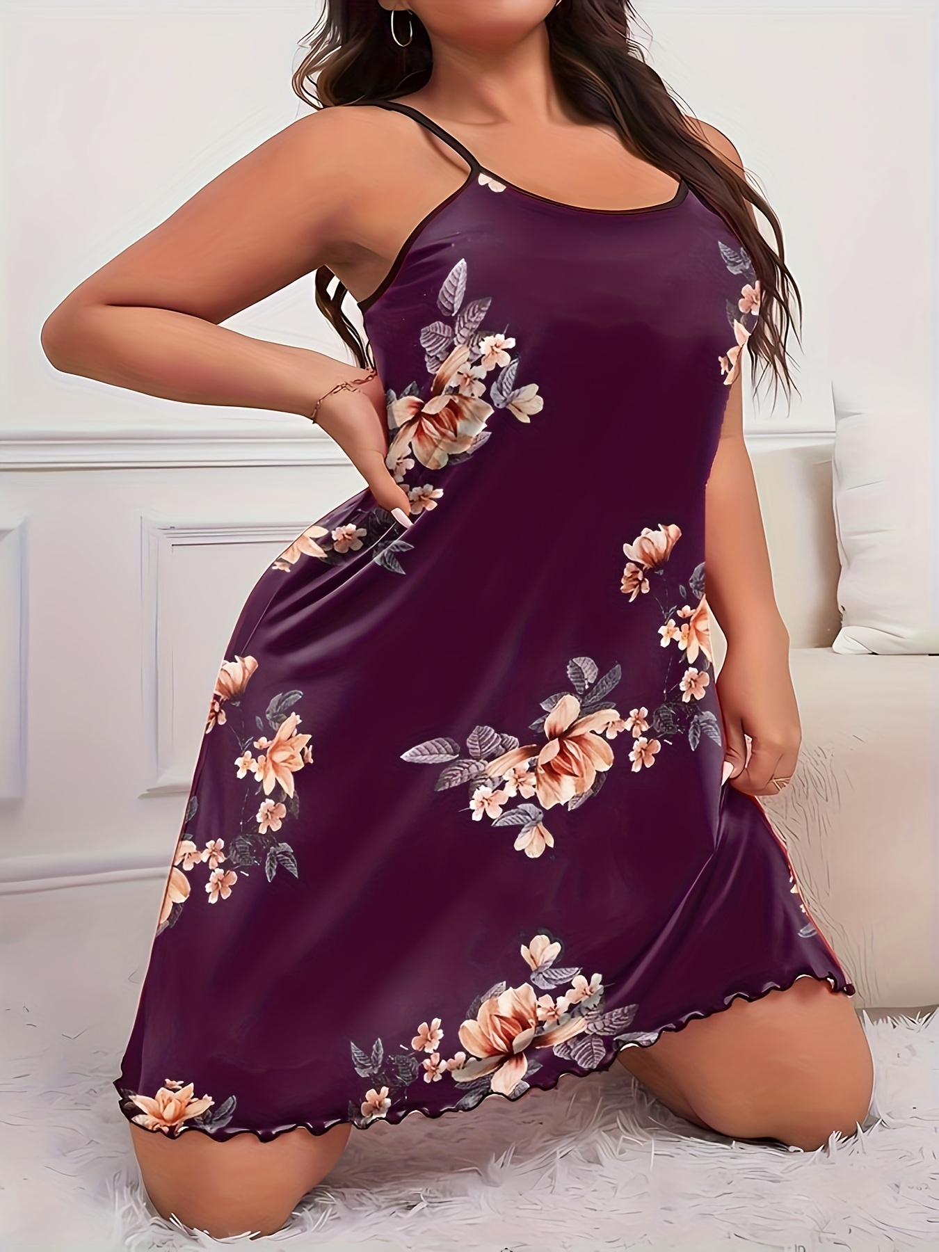 Women's Plus Sexy Loungewear Dress, Plus Size Floral Print Round Neck Frill Trim Cami Nightdress