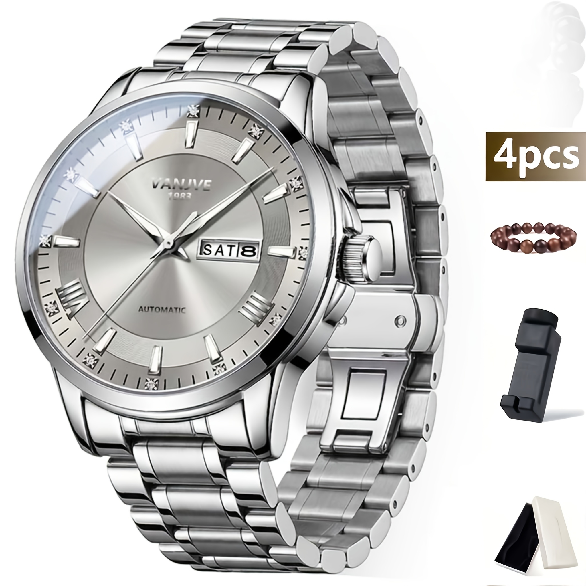 Image of 4pcs High-end Business Fashion Fully Automatic Dual-calendar Men's Wristwatches With Luminous Hands, Suitable As Gifts For Holidays, Father's Day Gift