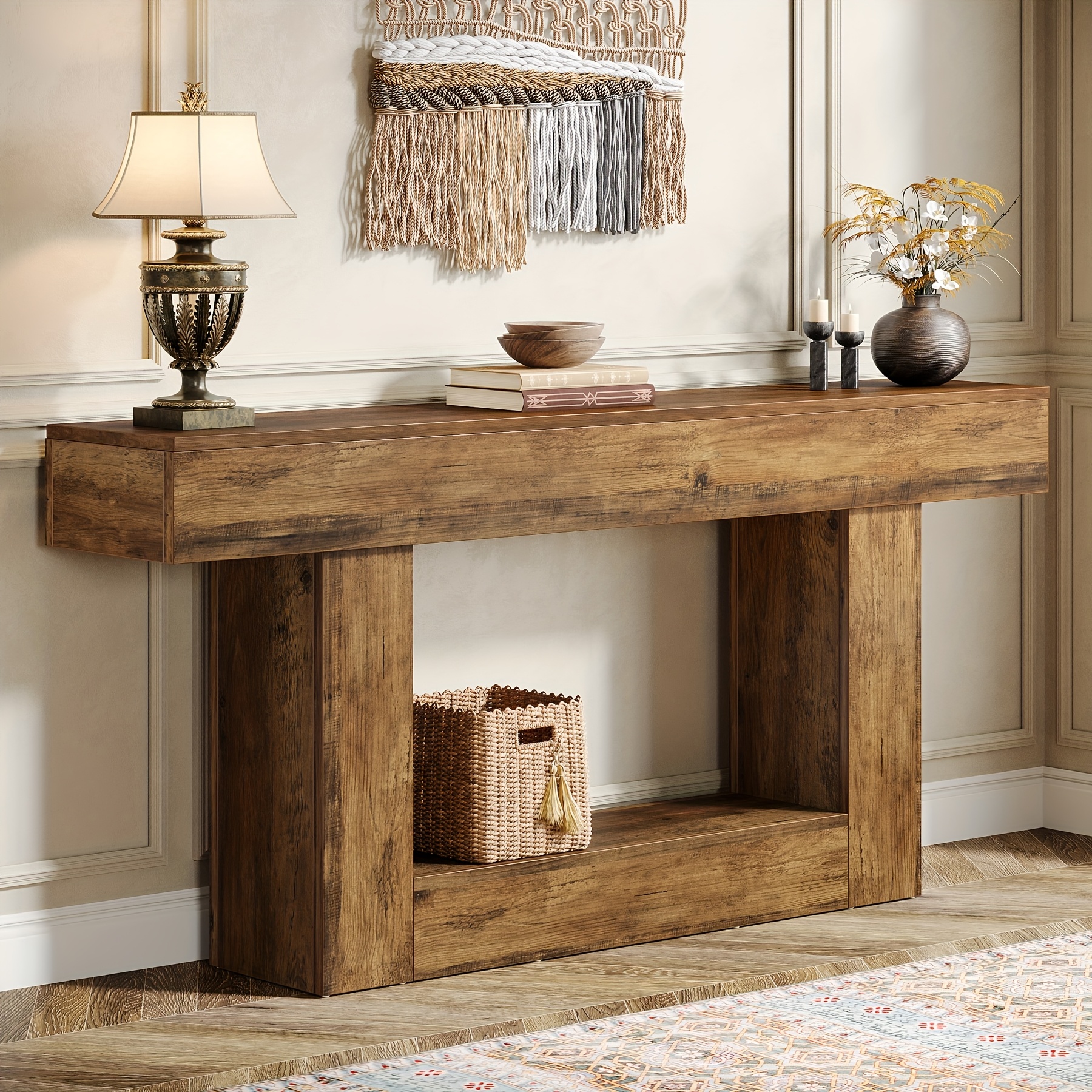 TEMU 63" Console Table With U-shaped Base & 2-tier Shelves - Rustic Entryway Sofa Table, Wood/particle Board, Easy Assembly, Behind Couch Table For