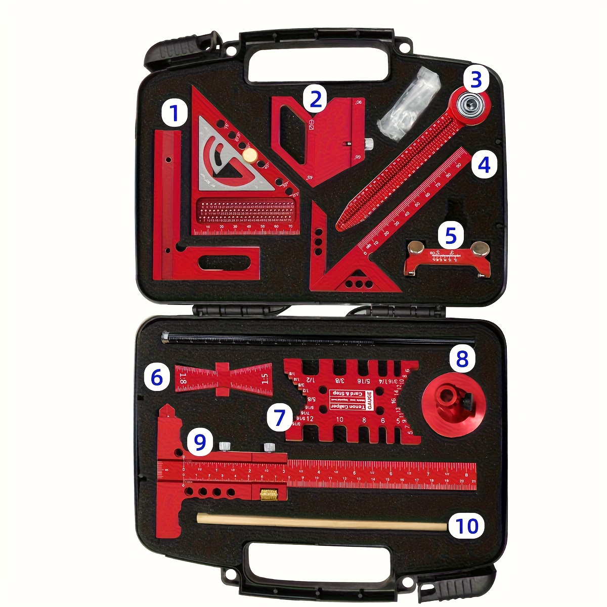 E-shop 10-teiliges Profi-Werkzeug-Set für die Holzbearbeitung - Mehrzweck-Layout-Werkzeugset mit Anreißlineal, Zentrierhilfe, Höhenmesser, Passschieber
