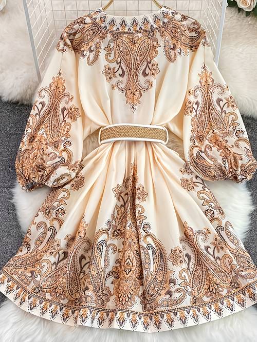 bohemian style vintage pleated dress with v neck and belt printed dress single breasted dress with lantern sleeves casual short dress for women