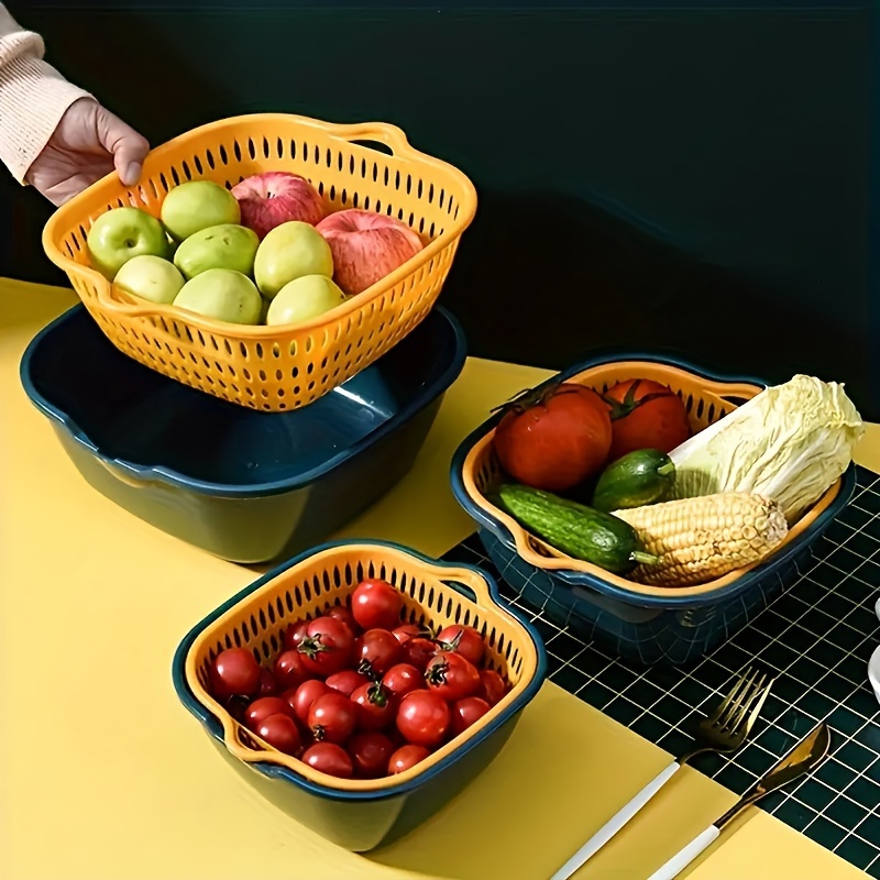 

6pcs Kitchen Set: Double-layer Drain Basket, Fruit & Vegetable Washing Basin - Home Use