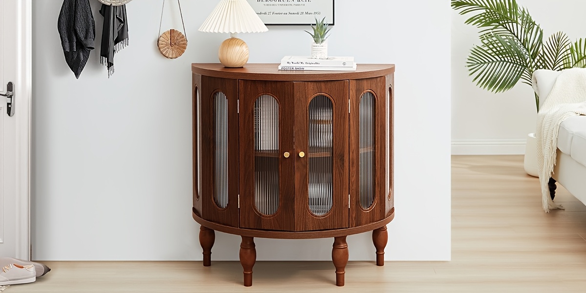 ORRD 31'' Sideboard Buffer Cabinet with Storage, Semi-Circle Modern Accent Storage Cabinet with Wooden Finish & Acrylic Doors, Console Table for Living Room Entryway Hallway