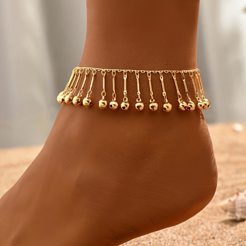 

1pc Tassel Bell Anklet, Boho Style, Copper Material, Electroplated Golden Color Summer Style Ankle Bracelet Foot Chain Jewelry