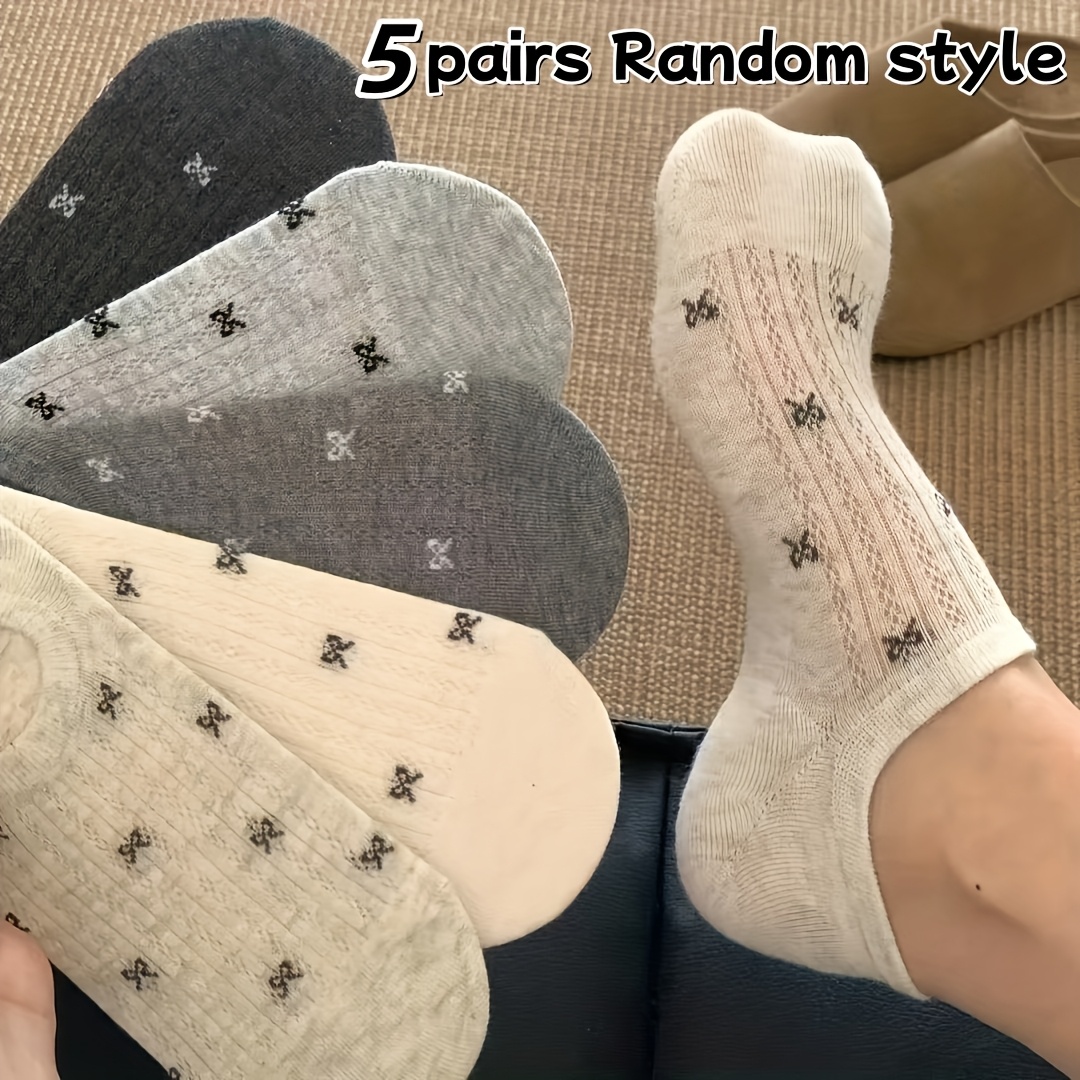 TEMU 5 Pairs Random Packaging, Bow Tie Women's Socks Boat Socks Summer Thin Version Anti-slip No Heel Invisible Breathable Hollow Shallow Mouth Socks
