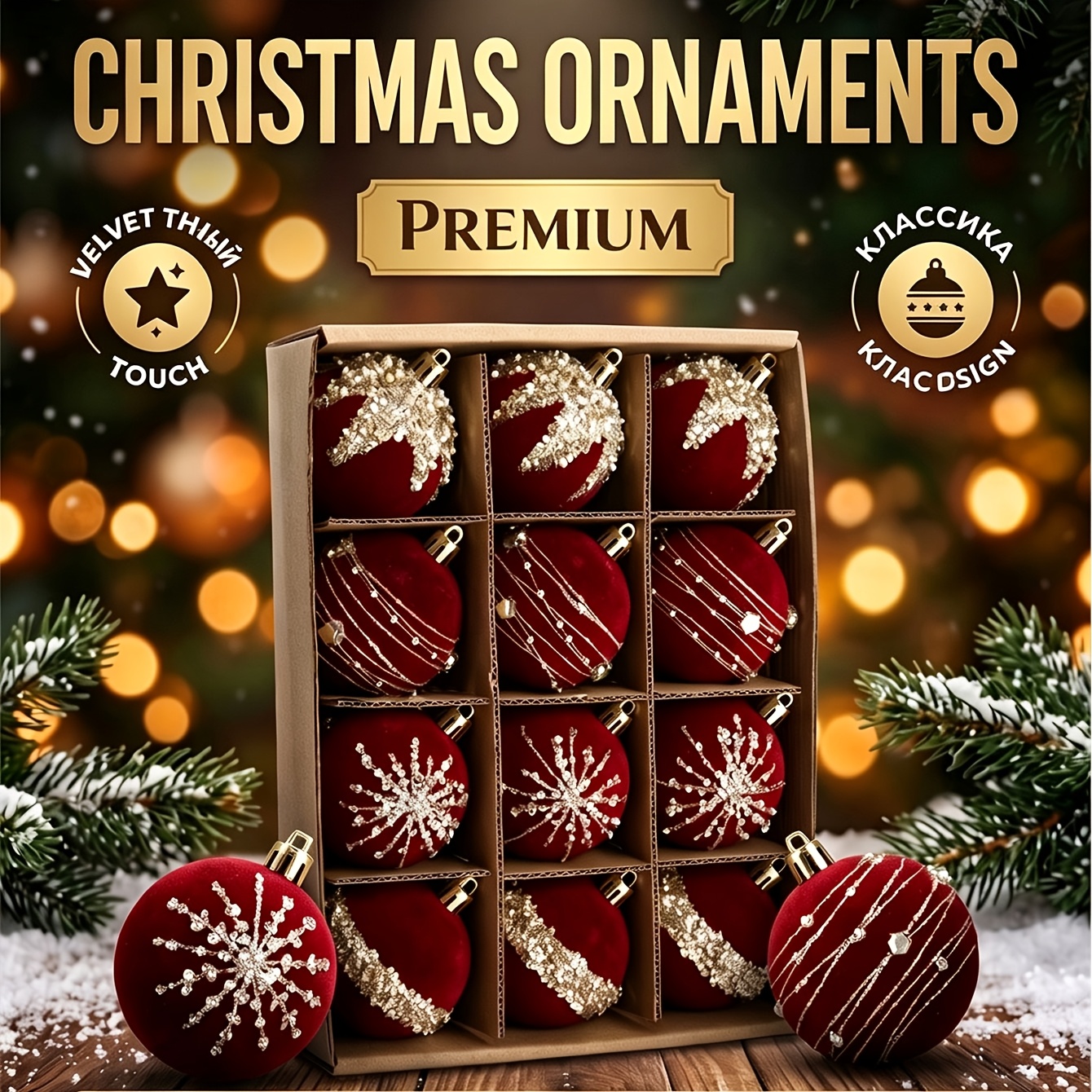 Image of 12pcs 6cm Burgundy Velvet Painted Christmas Ball Set, Christmas Thanksgiving Hanging Ornaments, For Decor, Suitable For Christmas Trees, Wreaths, Door Frames, Indoor/outdoor Use