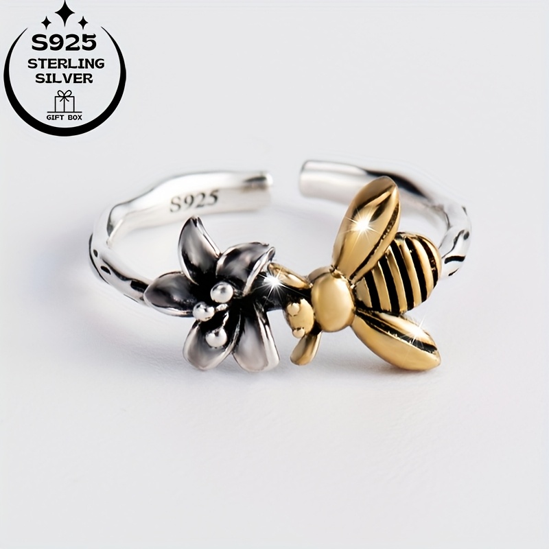 Vintage Boho 925 Sterling Silver Open Ring with Bee and Flower Charms