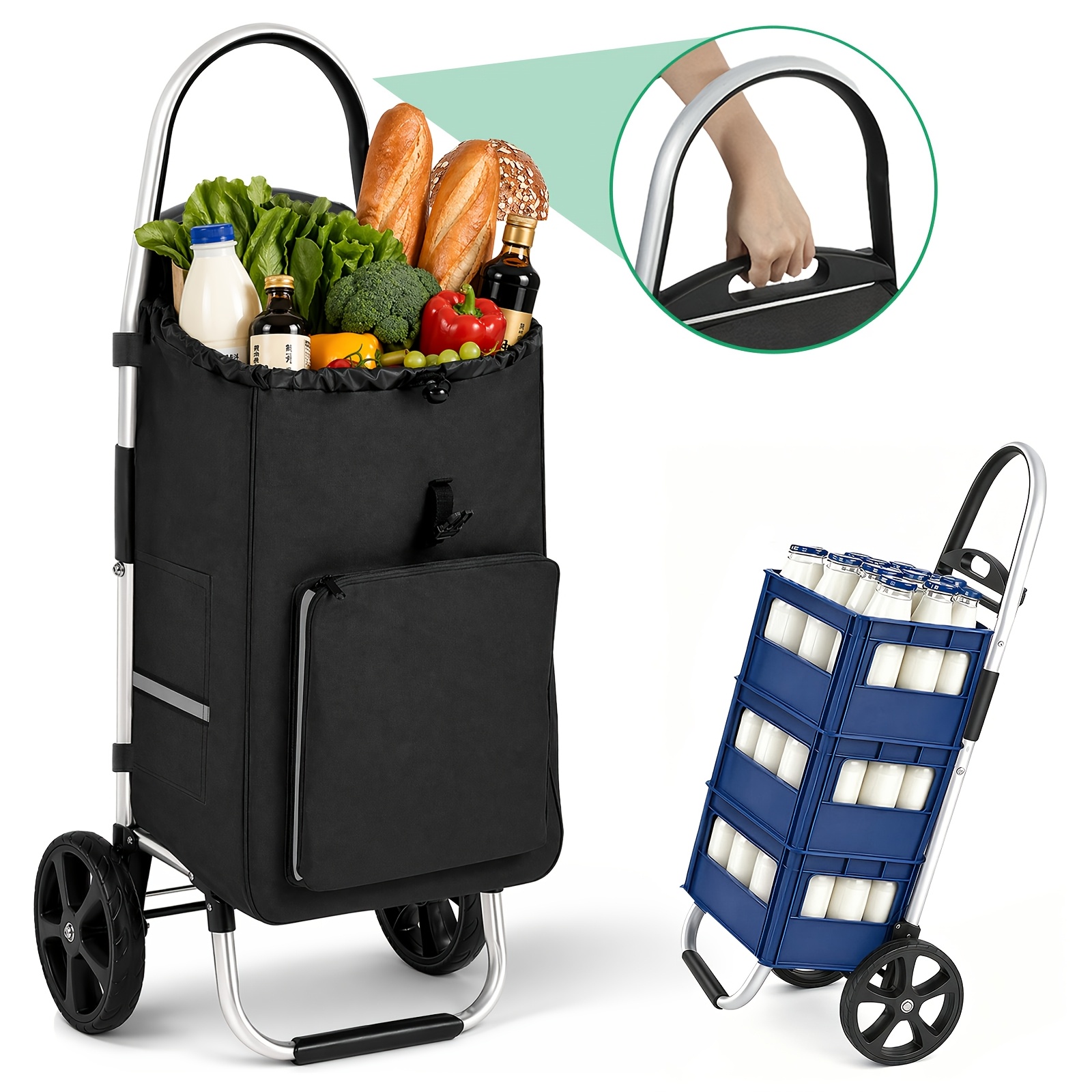 Image of Folding Shopping Trolley 60l, 2-in-1 Foldable Shopping Cart Made Of, With Cooler Compartment And Drink Holder, Extra Large For Shopping And Camping