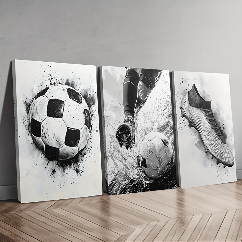 3pcs wooden framed canvas art set black white soccer theme football themed canvas prints for   29 97x39 88cm 39 88x59 94cm sports wall decor dynamic soccer art wooden framed canvas soccer room decor