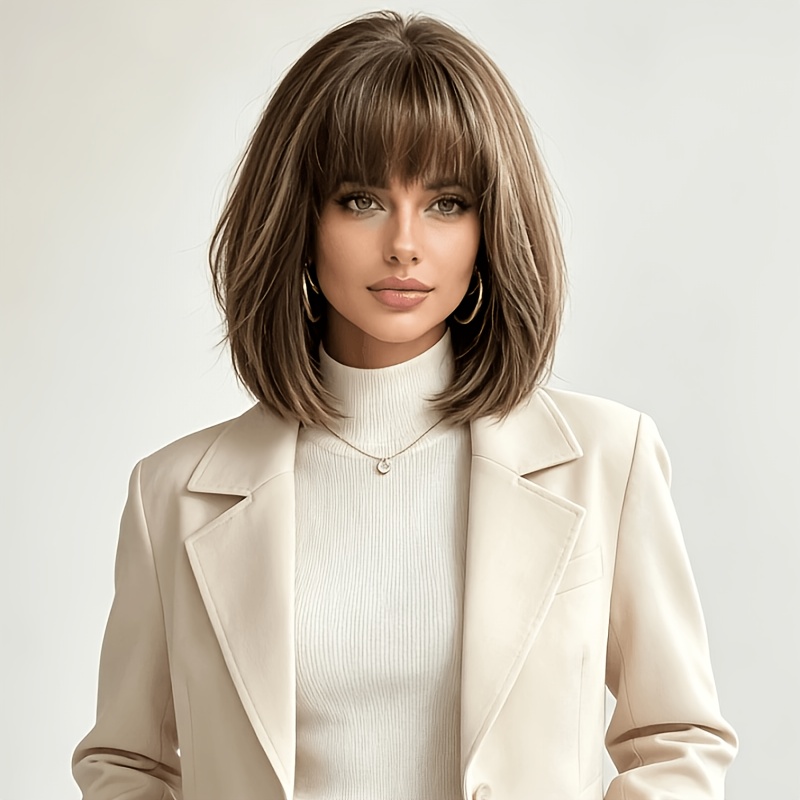 item picture 10 inch short straight wig for women fashion style with bangs natural fluffy and shiny easy to   for daily dating friend   travel halloween christmas