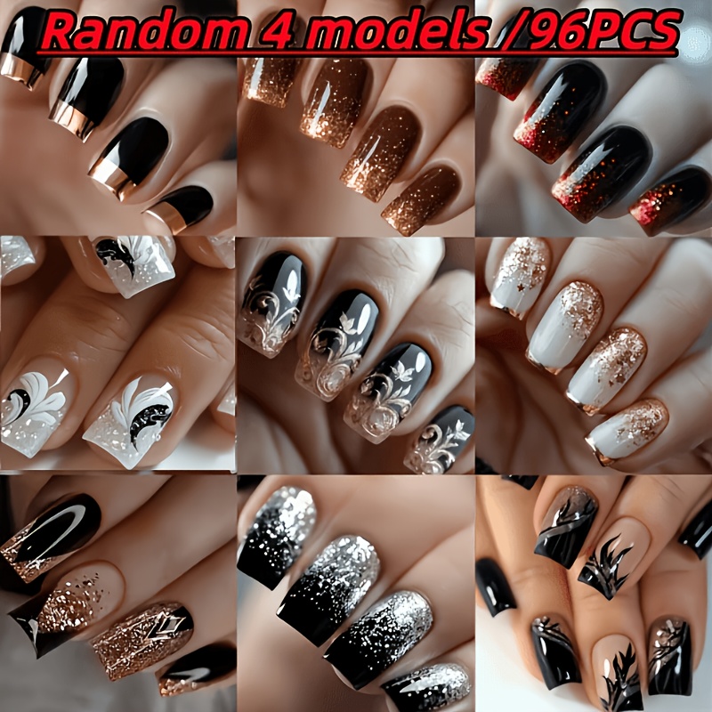 TEMU 96pcs Random Assortment Of 4 New Styles, Fashionable Medium-length Square Press-on Nails, And Ombre Set, Elegant And Skin, Suitable For Women