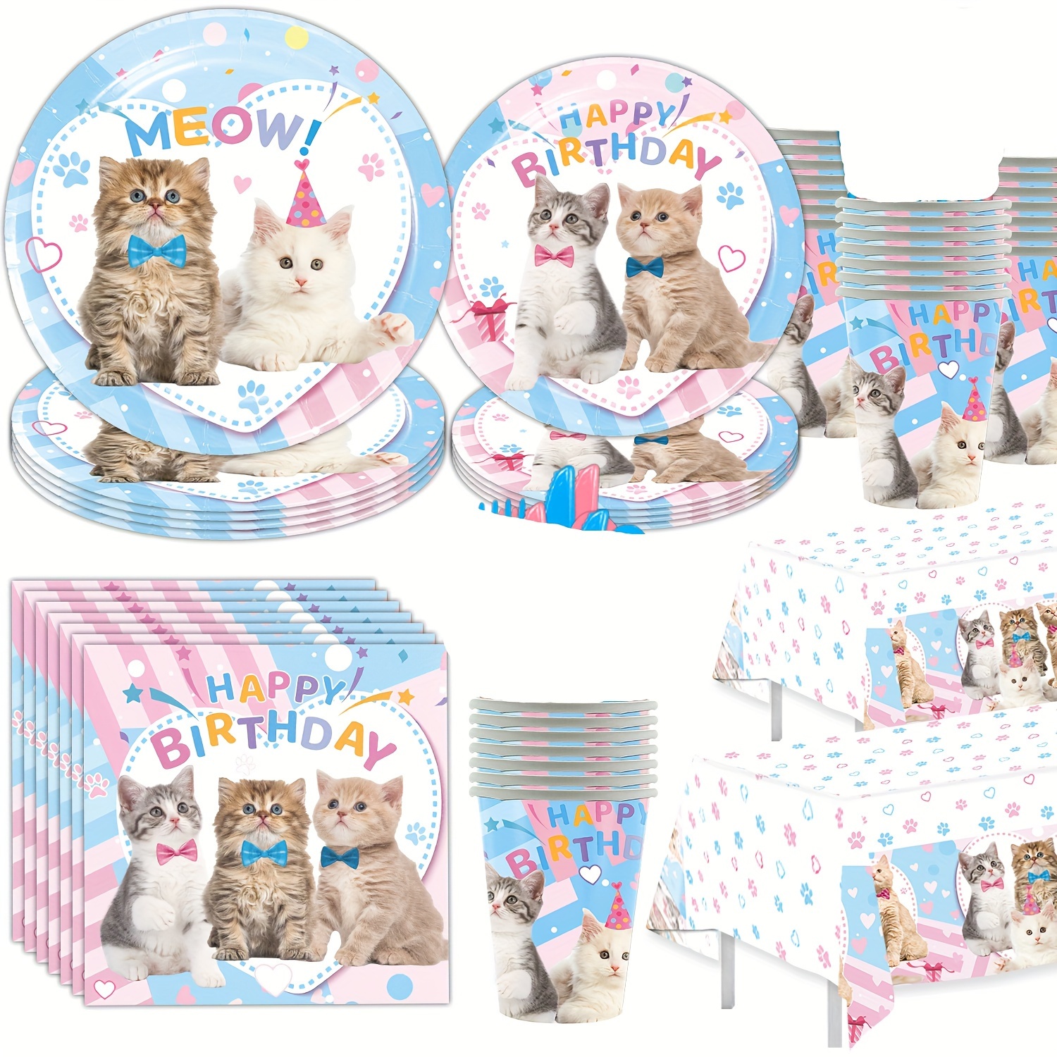 Image of 51pcs, Cat Themed Paper Plates Disposable Napkin Cups Tablecloth, Cute Cat Disposable Tableware Set, Fans Party Supplies Birthday Party