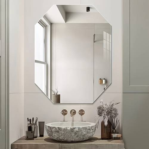 item picture 1pc shower mirrors octagonal design polygonal design acrylic mirror romantic wedding scene decorative mirror octagon bathroom mirror daily arrangement mirror frameless hd mirror self wall mirror holiday scene decoration mirror modern bathing mirror vanity makeup mirror home decor mirror living room decor aesthetic room decoration removable protective film double sided included