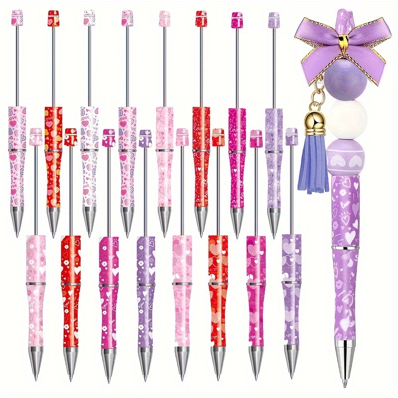 

16pcs Mixed Sweet Love Heart Print Beadable Pens Plastic Diy Beaded Ballpoint With Black Ink Nice Valentine's Gift Pens School Office Supplies