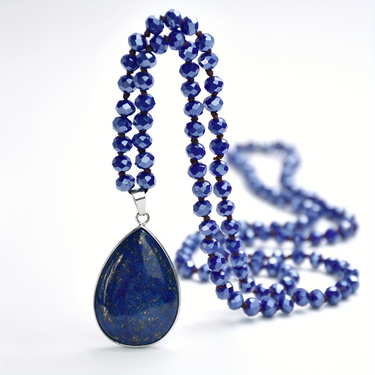 E-shop Naturstein Lapis Rose Anhänger Glasperlen Lange Halskette Elegante Tropfenförmige Anhänger Handgefertigte Pulloverkette für Damen