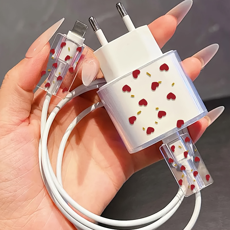 Image of 3pcs Set Red Heart With Broken Golden Cable Protector, Suitable For Iphone European Standard 25w Charger, Anti-break, Anti-scratch, Dirt-resistant Protective Case