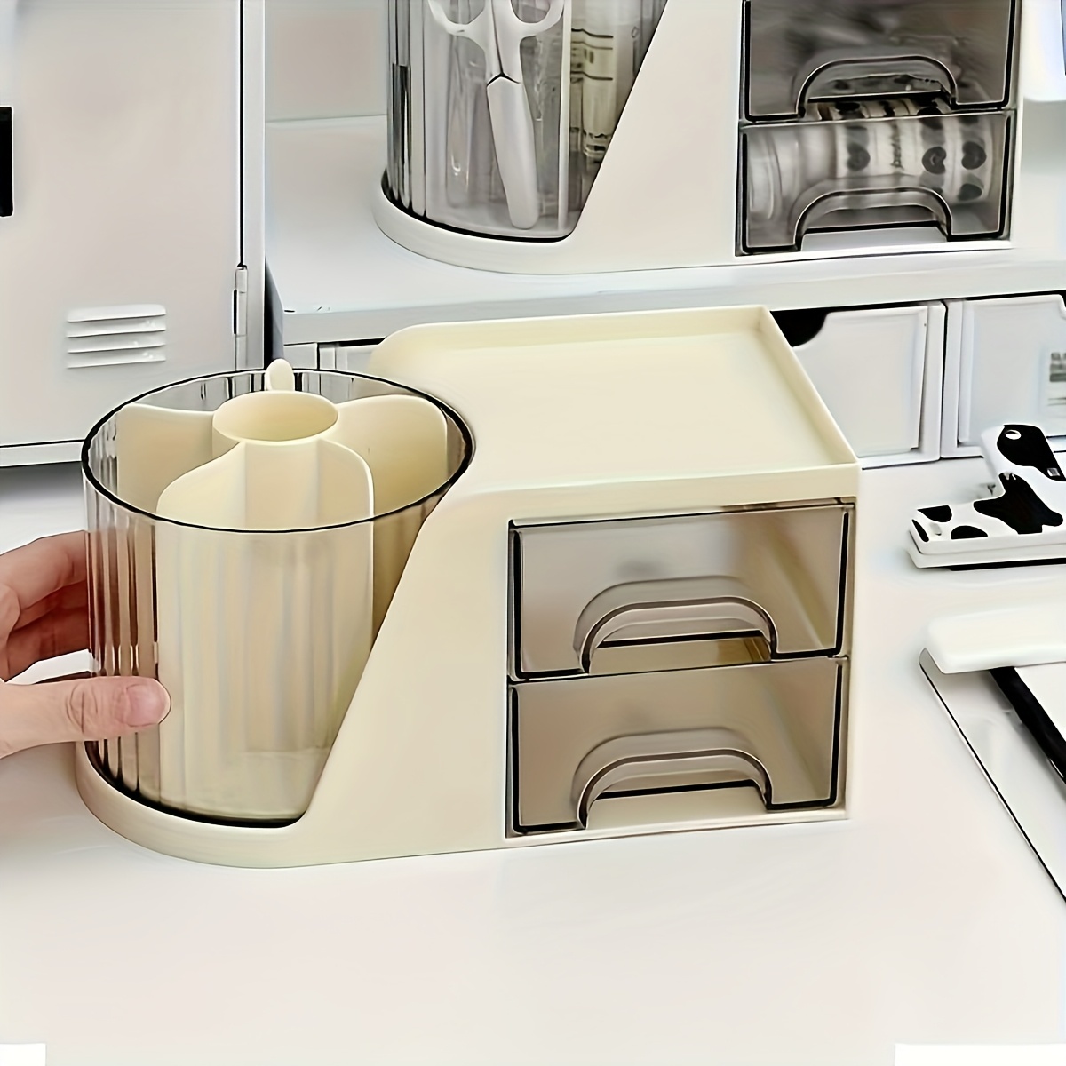 a minimalist desktop organizer featuring a pen holder and drawer structure it can rotate for   helping to create a tidy   making it a perfect gift for valentines day Product details 6