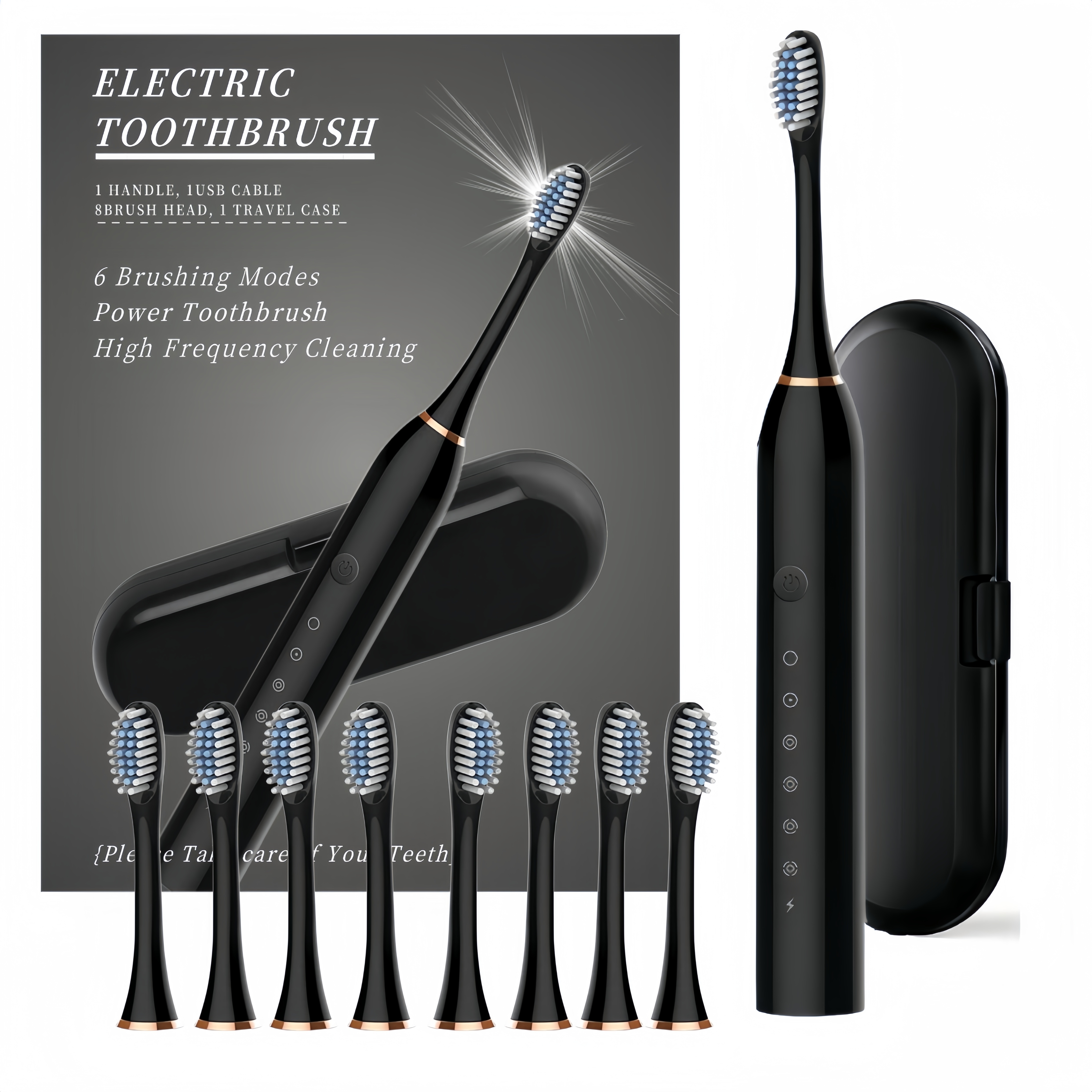 Sonic Electric Toothbrush - 8 Brush Heads &amp; USB Rechargeable Tooth Brush - Black Travel Case &amp; 6 Modes Smart Timer - Teeth and Gum Cleaning for Men and Women- Soft Bristles Electric Toothbrush Kit Father&#39;s Day, Mother&#39;s Day Gift