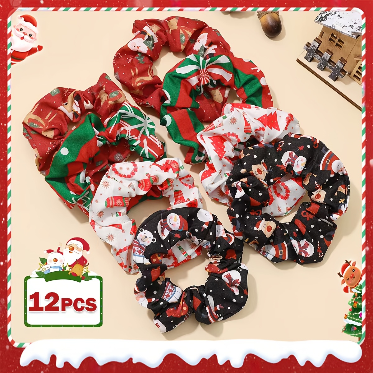 TEMU 12 pezzi Scrunchies Natalizi Stile Vintage in Tessuto con Stampate di , Renna, di , Albero di Natale, Elastici per Capelli da Donna per Feste di