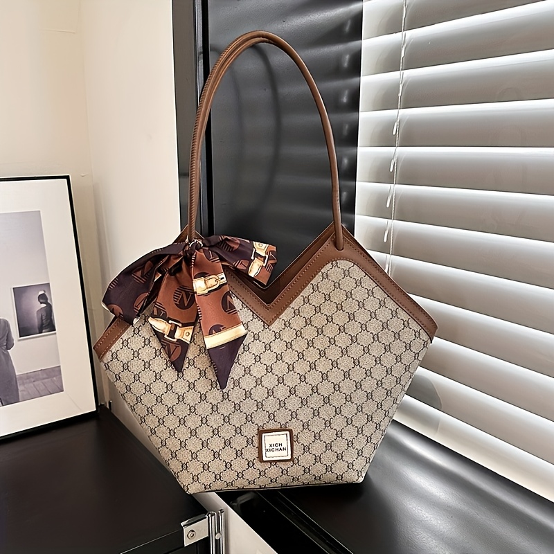 Image of Fashionable And Retro Women's Shoulder Bag With A Large Capacity, Featuring A Color-block Geometric Pattern And A Scarf Decoration, Perfect For Styles