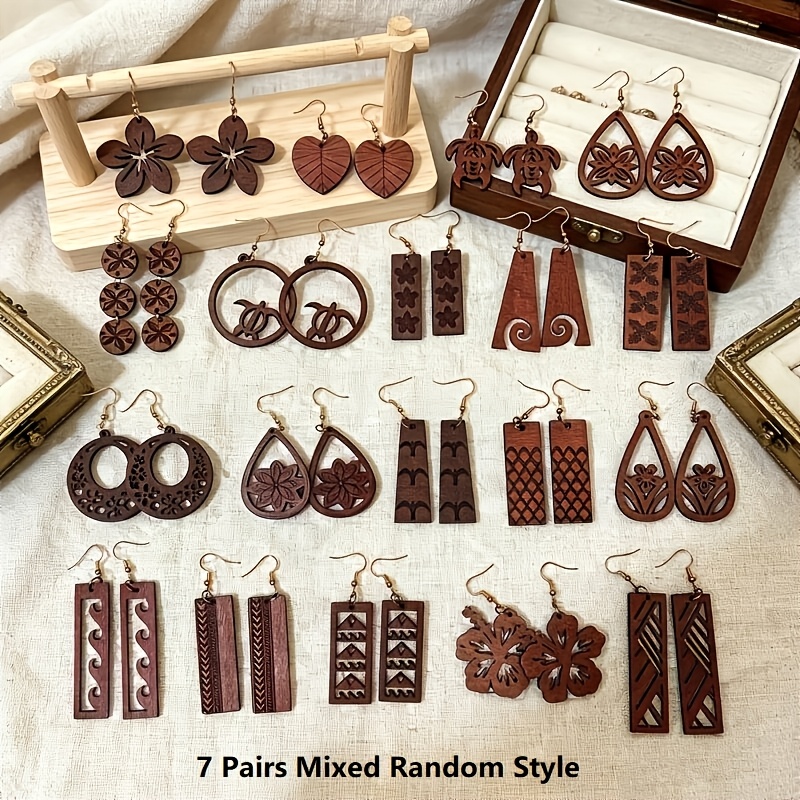 TEMU 7 Pairs Wholesale Fashion Vintage Brown Hollow-out Handmade Wooden Earrings, Light Luxury Creative Personality Bohemian Wooden Earrings, Classic