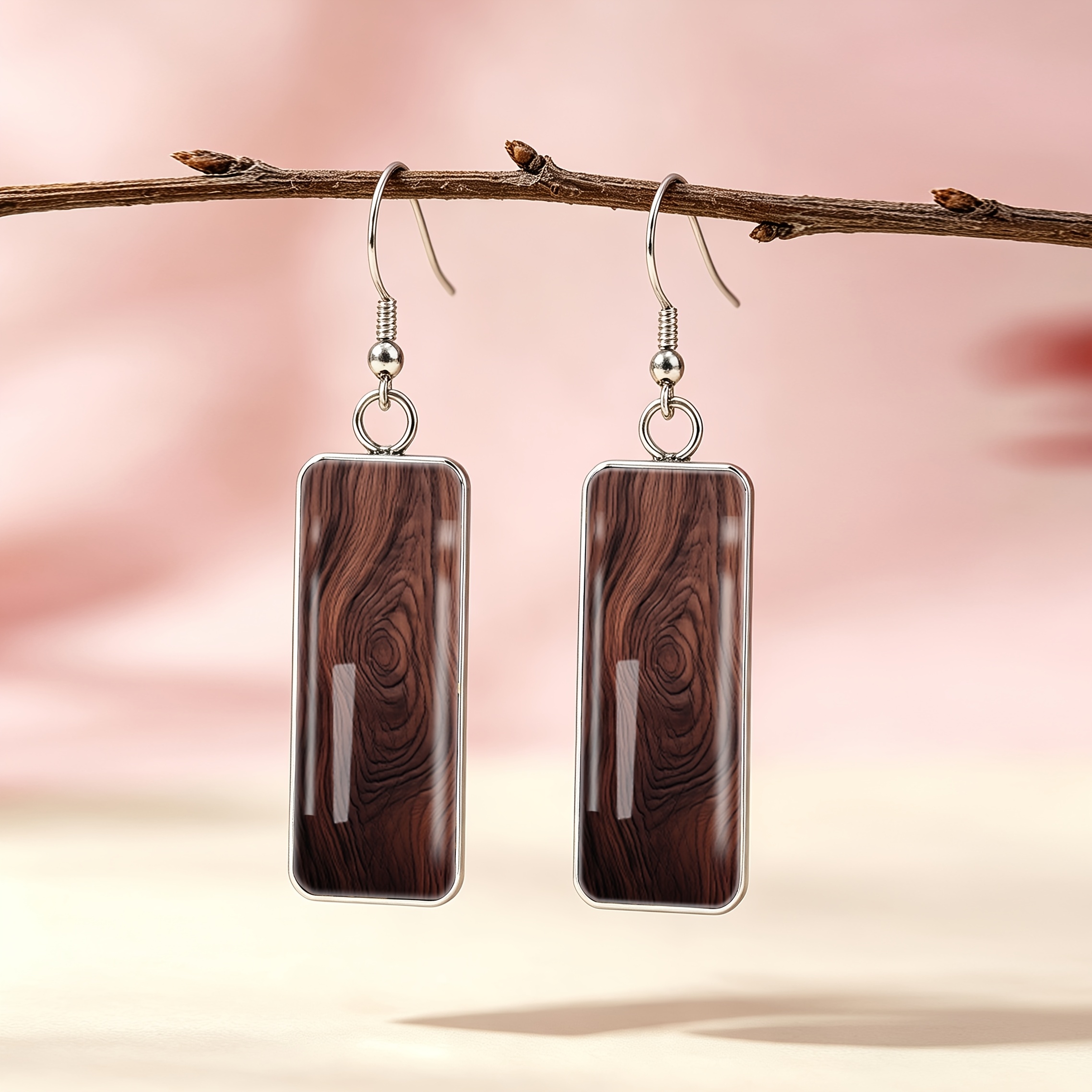 TEMU 1 Paire de Boucles d'Oreilles Longues en Acier Inoxydable 316 avec Motif de Grain de Bois de Marron Foncé, Facile, Convient aux Hommes et aux