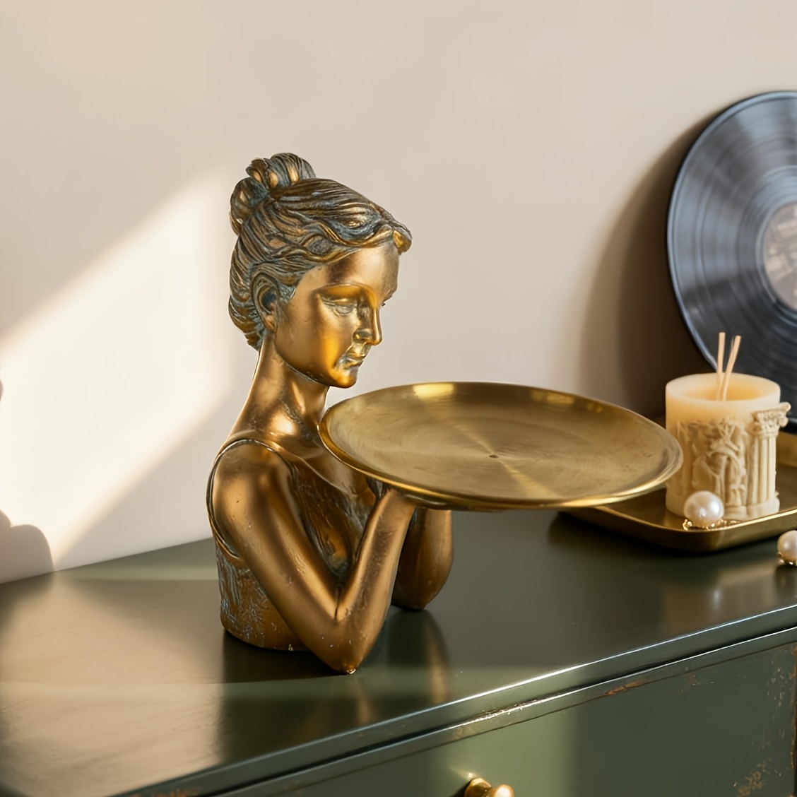 1pc Retro Style Brushed Copper Texture Artistic Female Statue Tray Ornament, Half- Decorative Piece, Practical Creative Holiday Ornament, Indoor Desktop Decoration