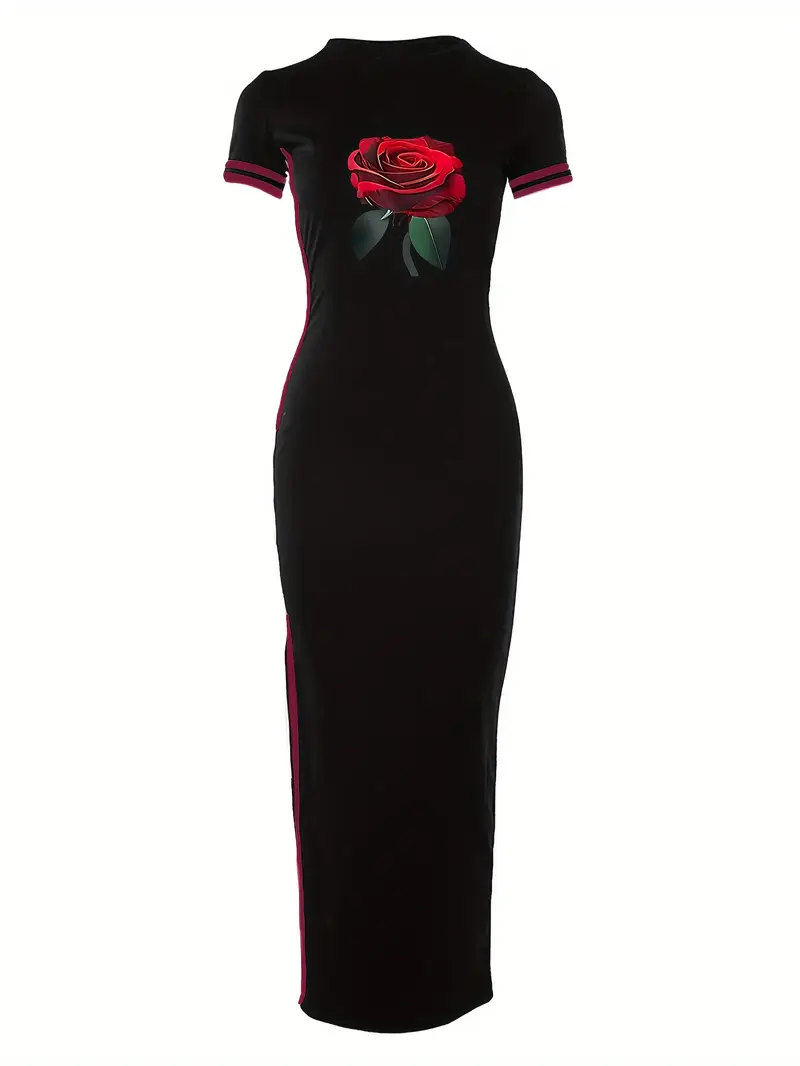 rose print hem dress chic crew neck bodycon short sleeve dress for womens clothing details 2
