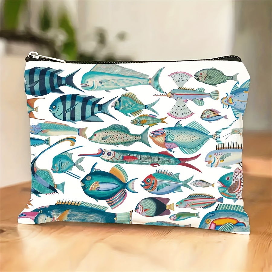 Image of 1pc Vibrant Fish Pattern Cosmetic Travel Bag - Spacious Zipper Makeup Organizer With Toiletry Pockets, Durable Polyester, Easy To Clean, Stylish Design For , Travel Makeup Bag